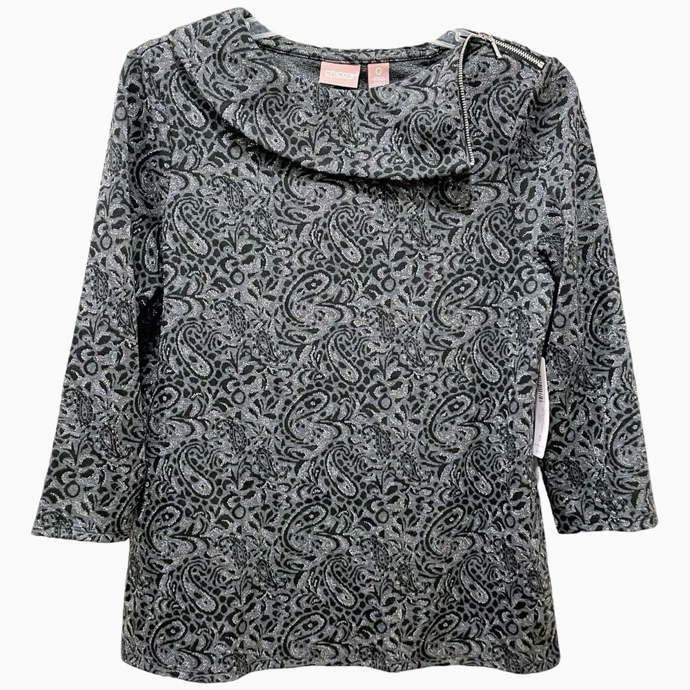 Chico's Women Size 0 Small Paisley Sparkle Lurex Top Zip Envelope Neck Black NWT